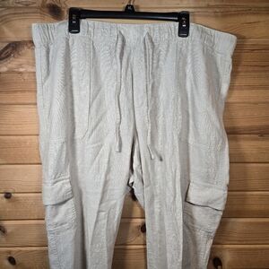Gap Easy Pant Linen Blend Khaki Cargo Pockets Womens XXL 2XL Pull On Coastal